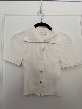 Sandro Ivory Ribbed Short Sleeve Button-Up Top